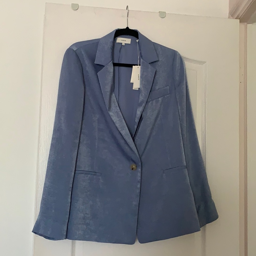 Brand new Vince blue satin blazer , not too relaxed nor fitted.